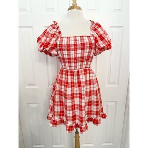 Show Me Your Mumu Colvin Red White Gingham Mini Dress Smocked Large